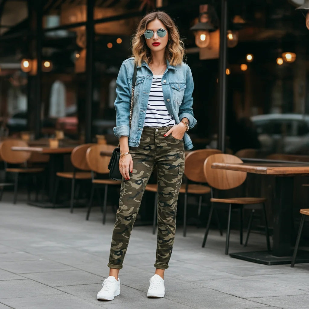Slim Camo Pants with a Denim Jacket