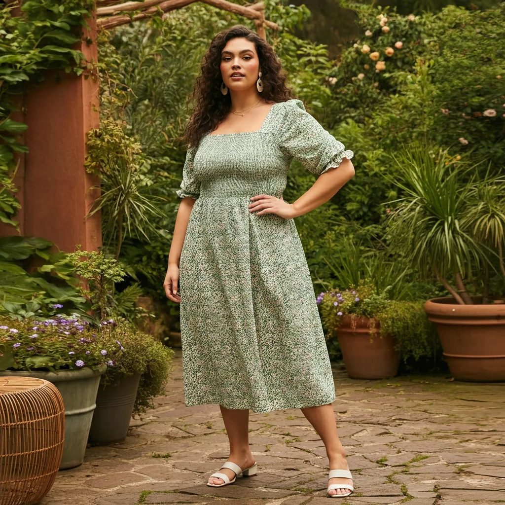 Smocked Midi Dress with Square Neckline