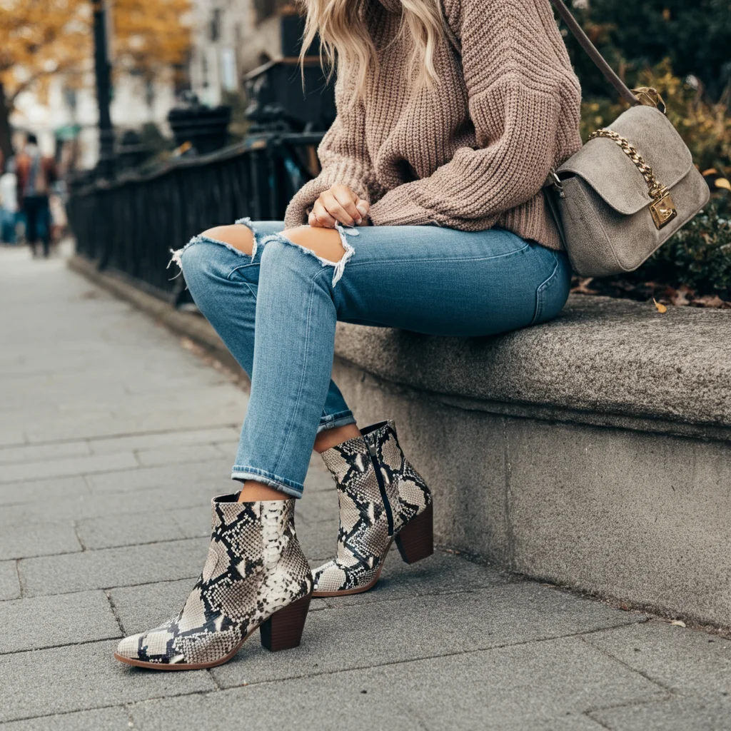 Snake Print Boots with Jeans and Sweater