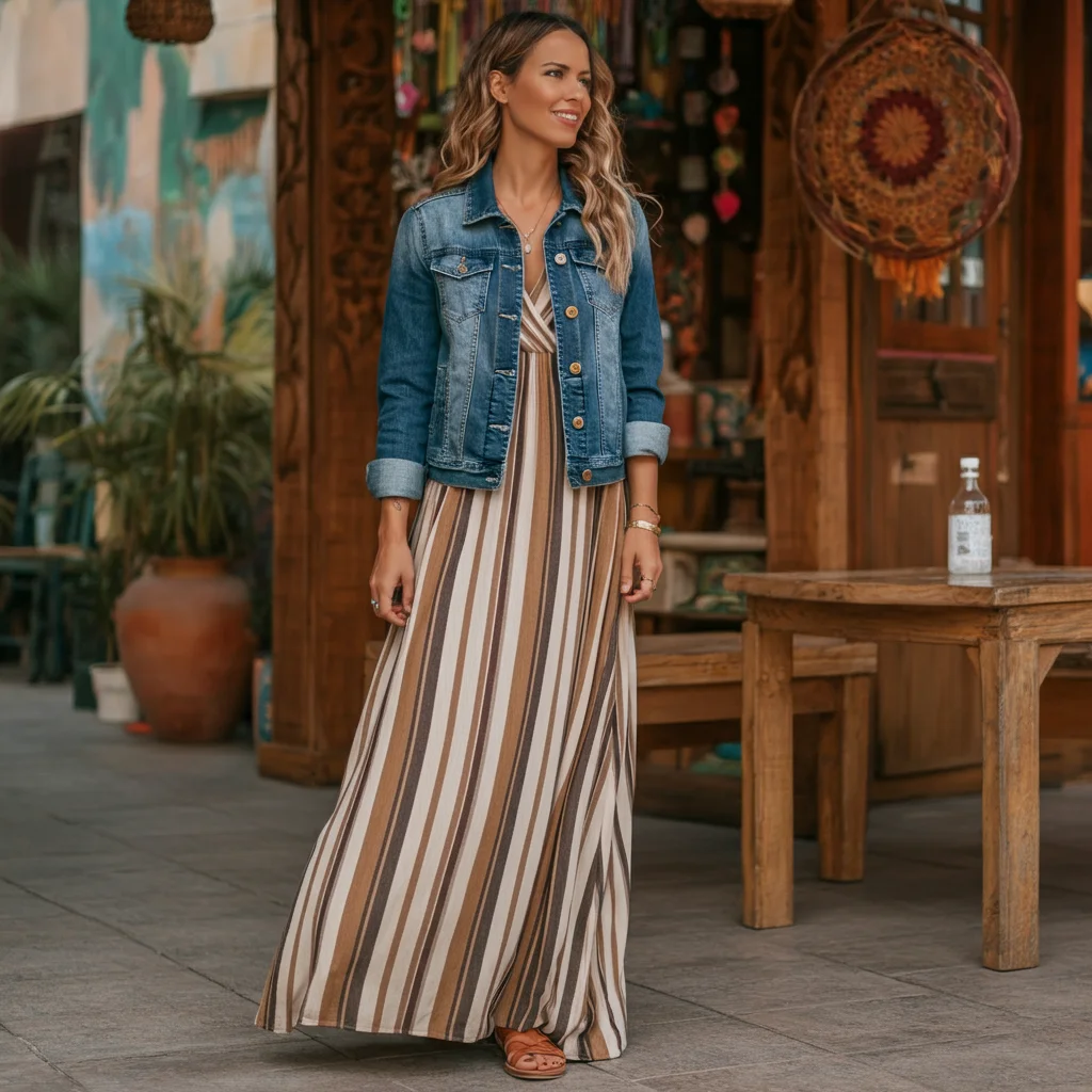 Striped Maxi Dress and Denim Jacket