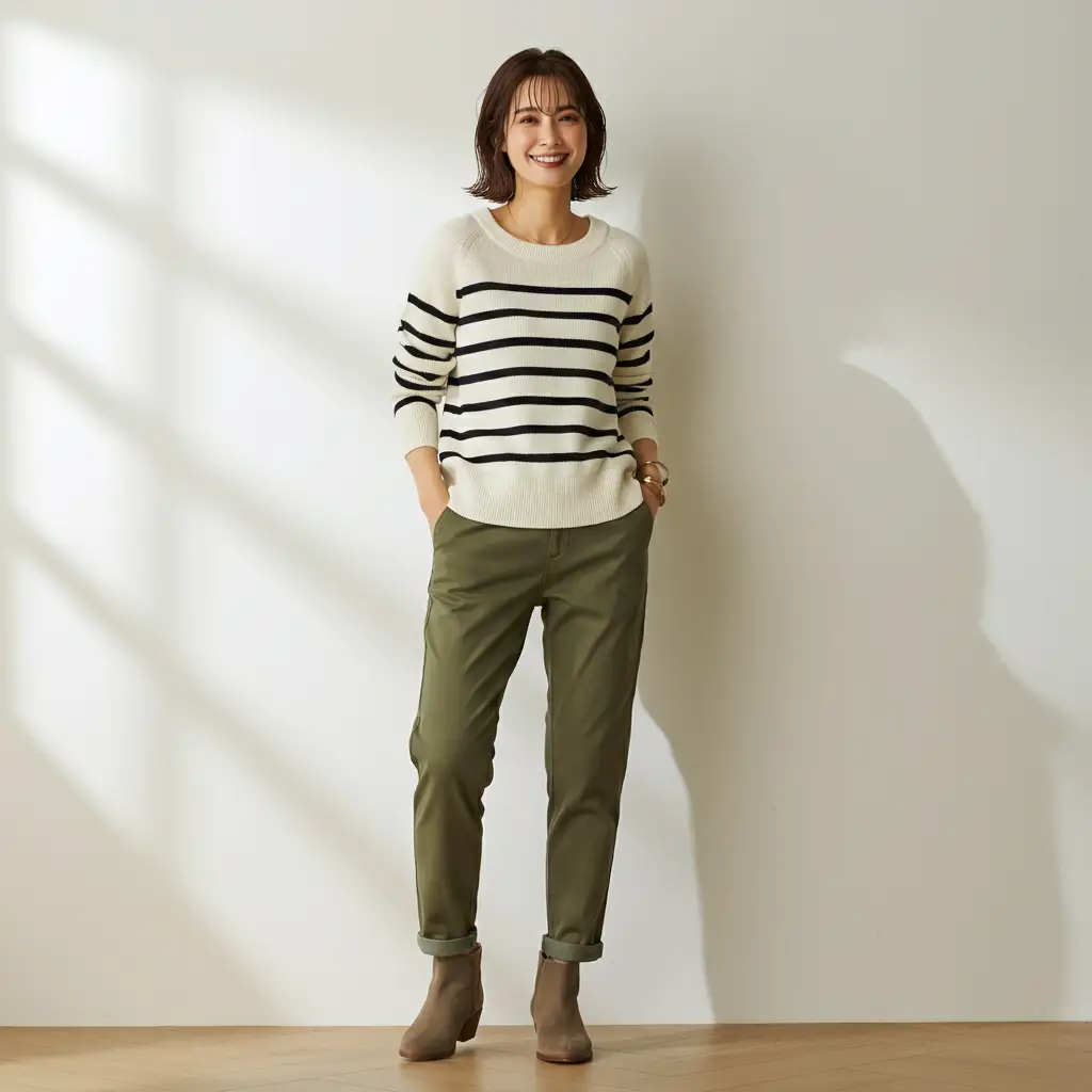 Striped Sweater & Ankle Boots with Khaki Pants