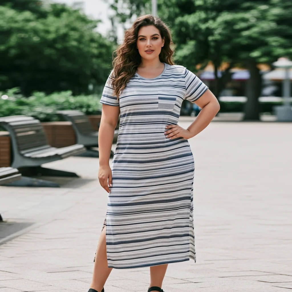 Striped T-shirt Dress with Side Slits