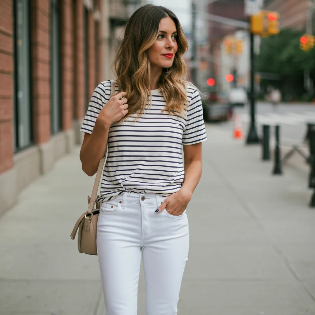 Striped T-shirt with White Jeans