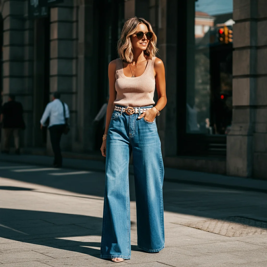 Tank Top with Wide-Leg Jeans and Belt