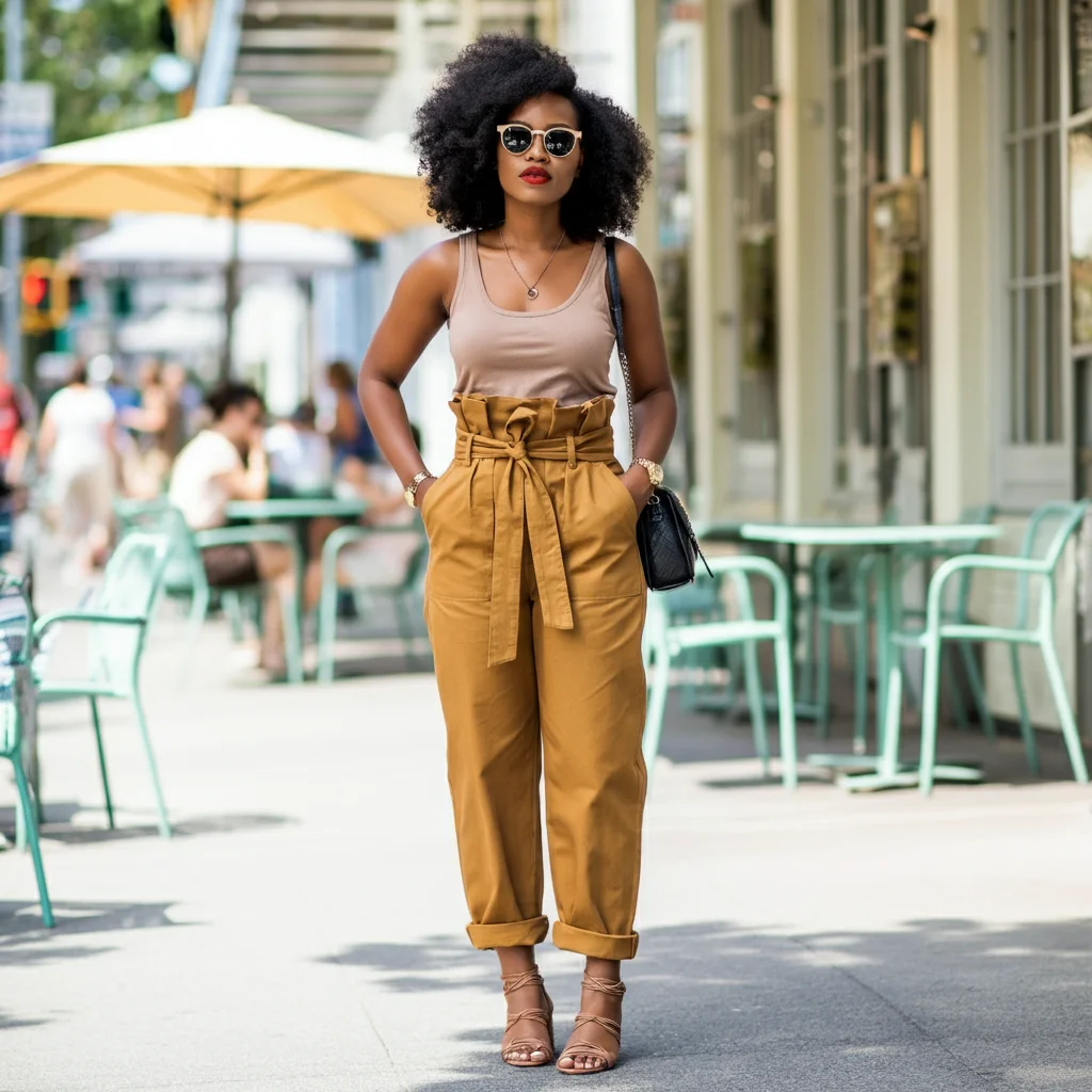 Tank top with high-waisted paper bag trousers