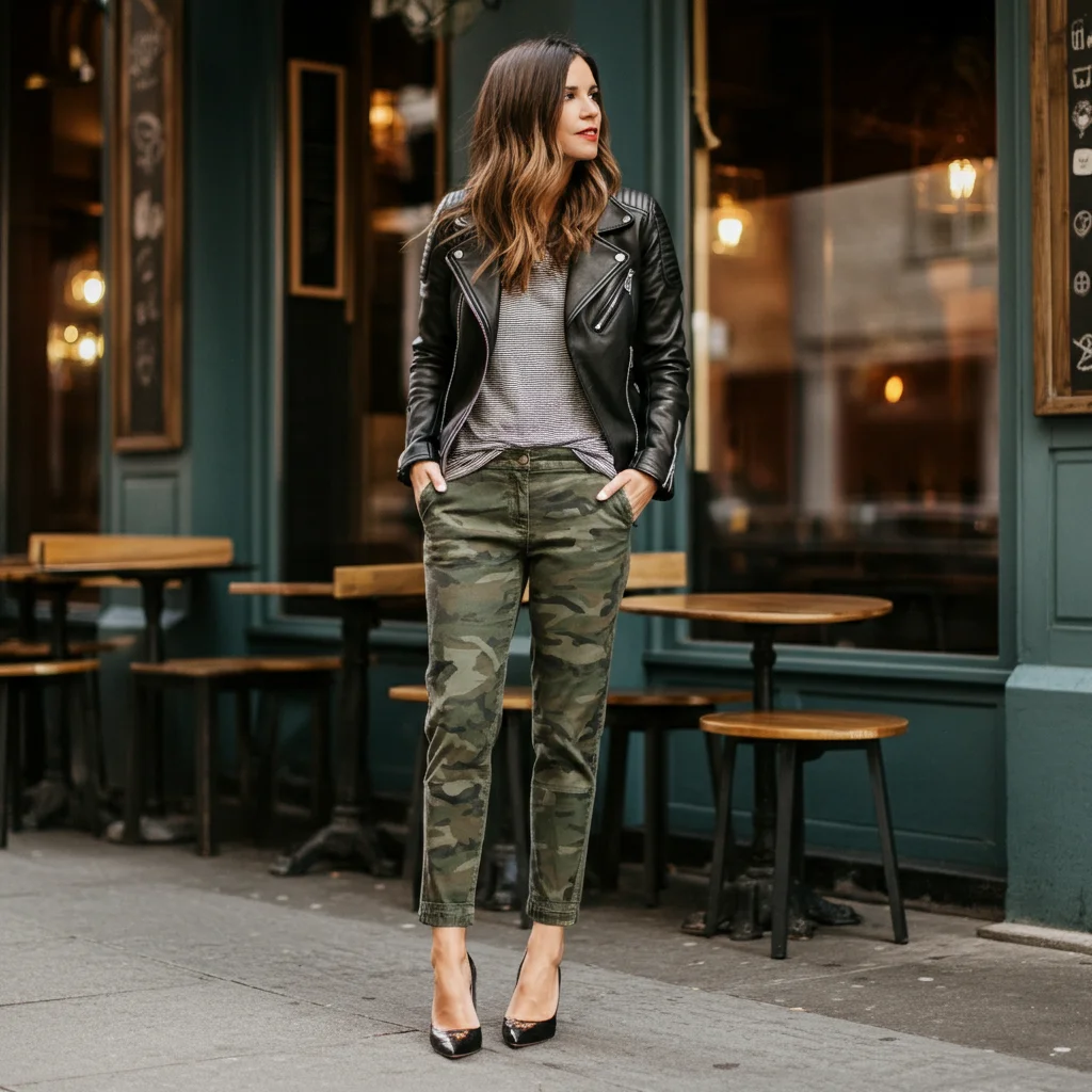 Tapered Camo Pants with a Leather Jacket