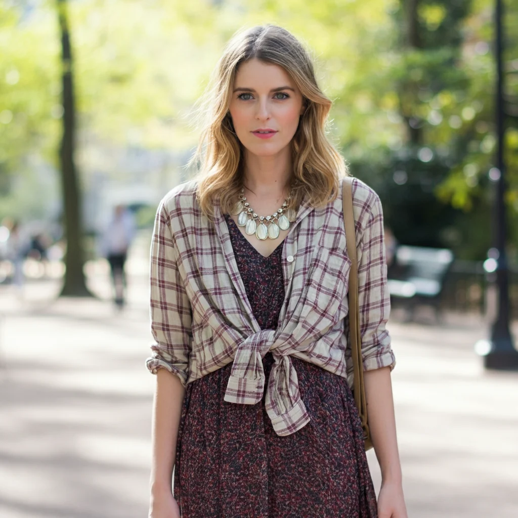 Tied Plaid Shirt over a Dress
