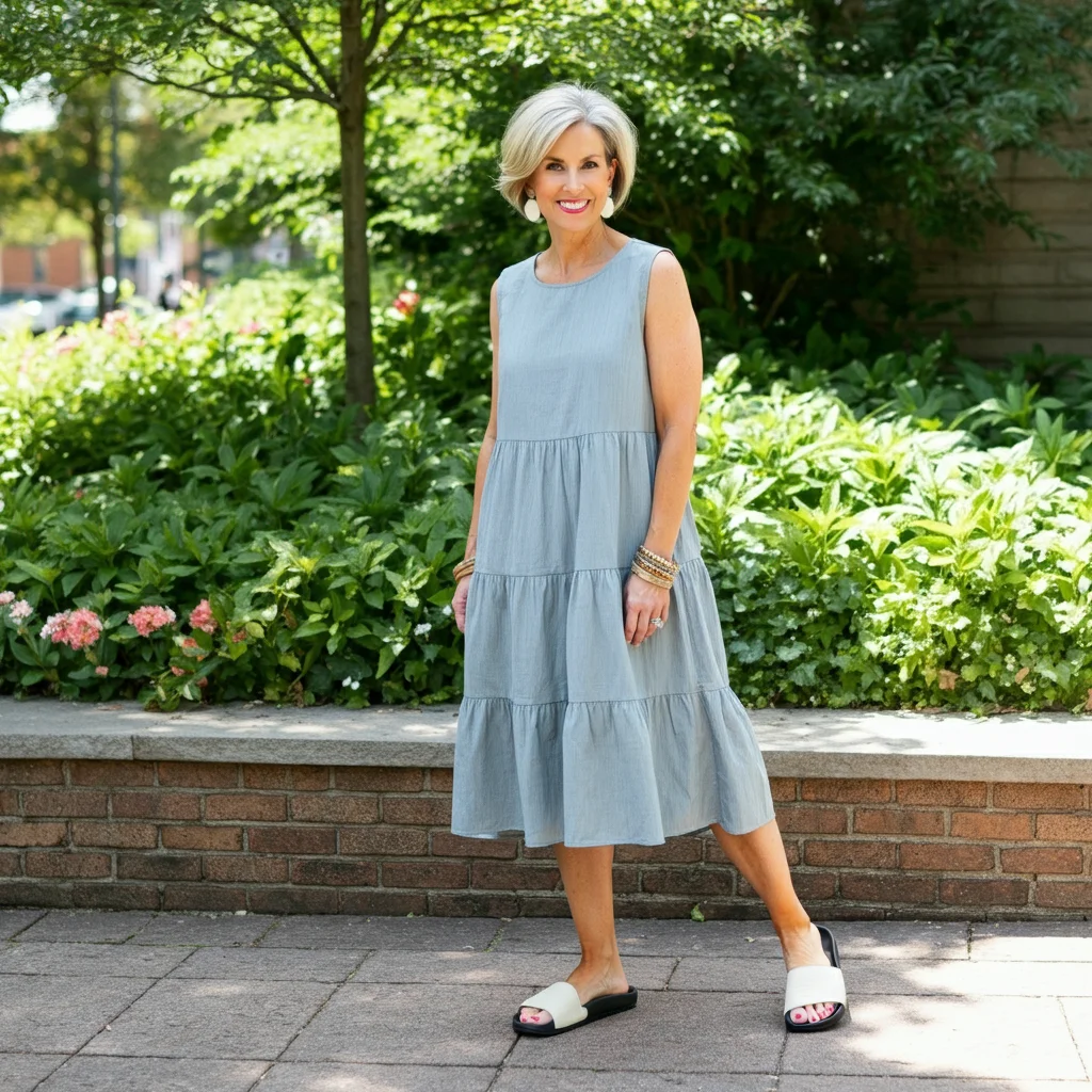Tiered Midi Dress and Slide Sandals