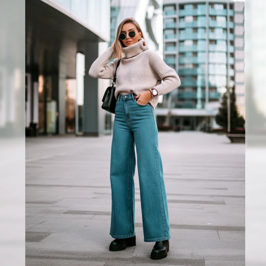 Turtleneck with Wide-leg Jeans