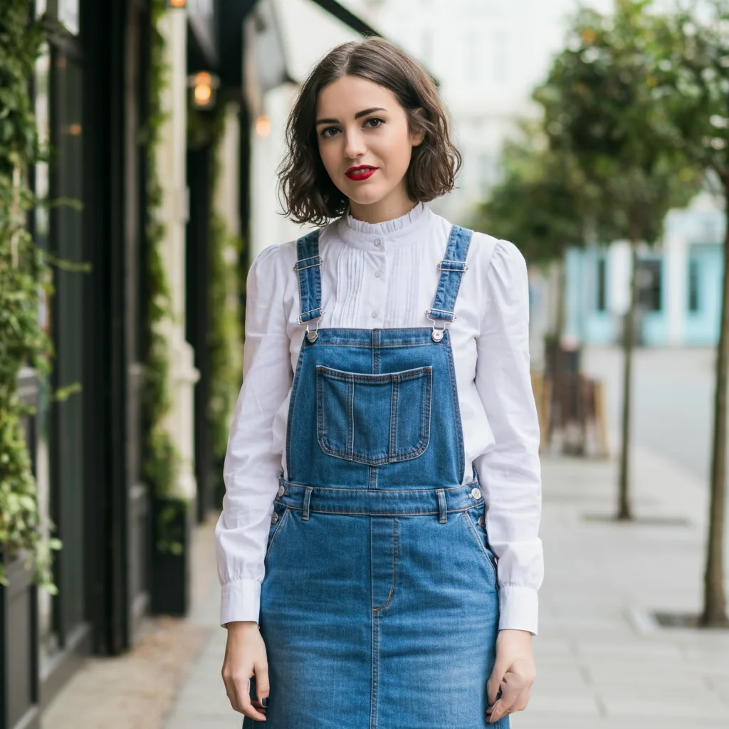 White Blouse with A-Line Denim Pinafore