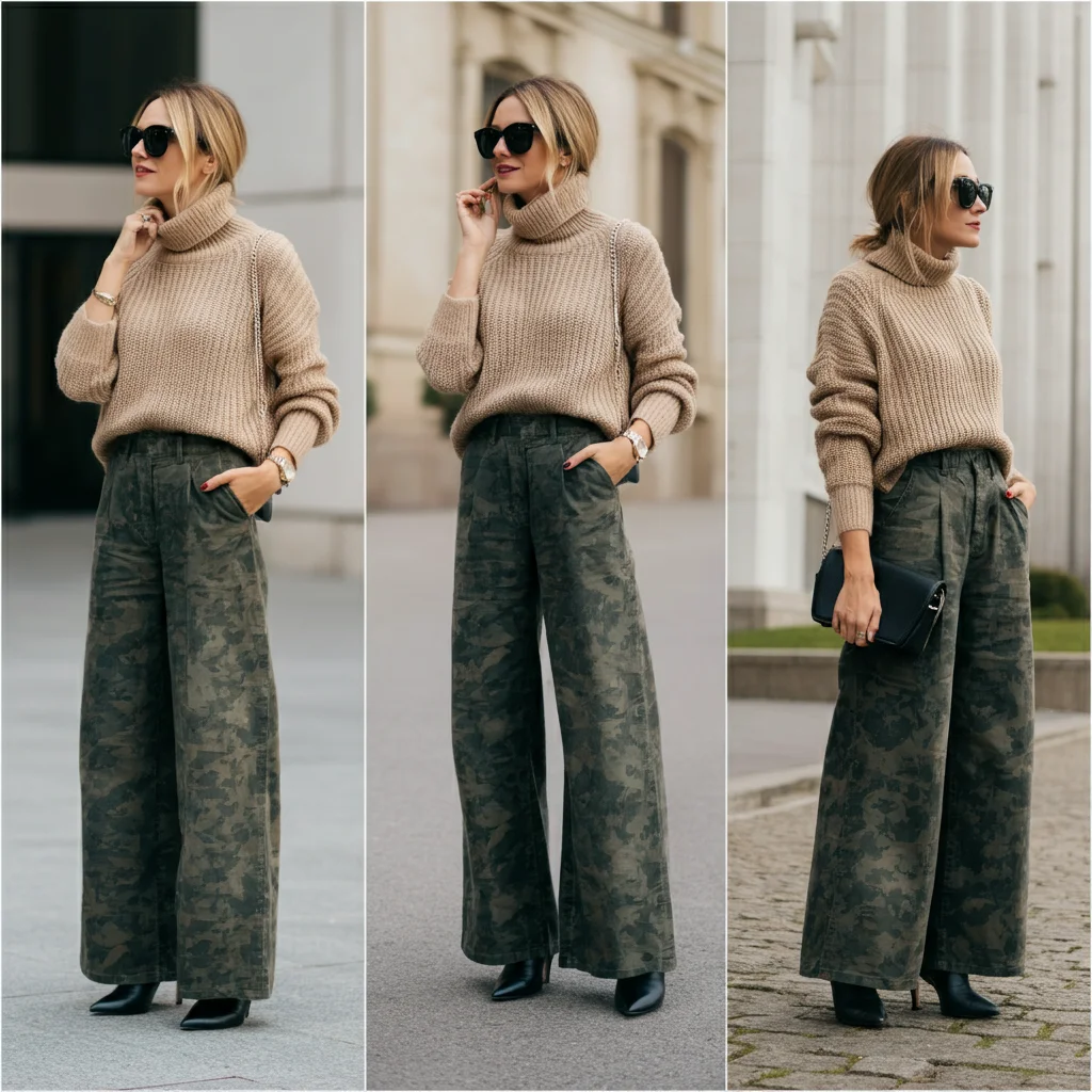 Wide-leg camo Pants with a Fitted Sweater