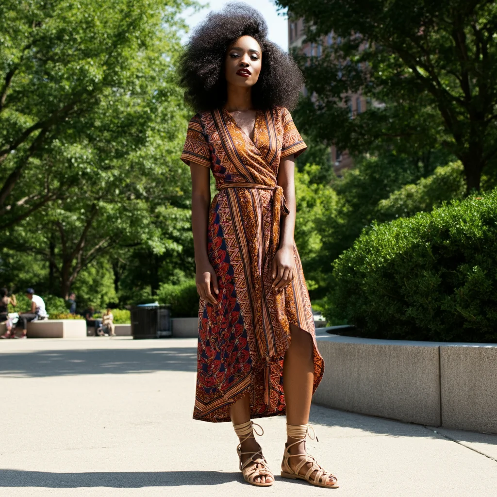 Wrap dress with lace-up sandals