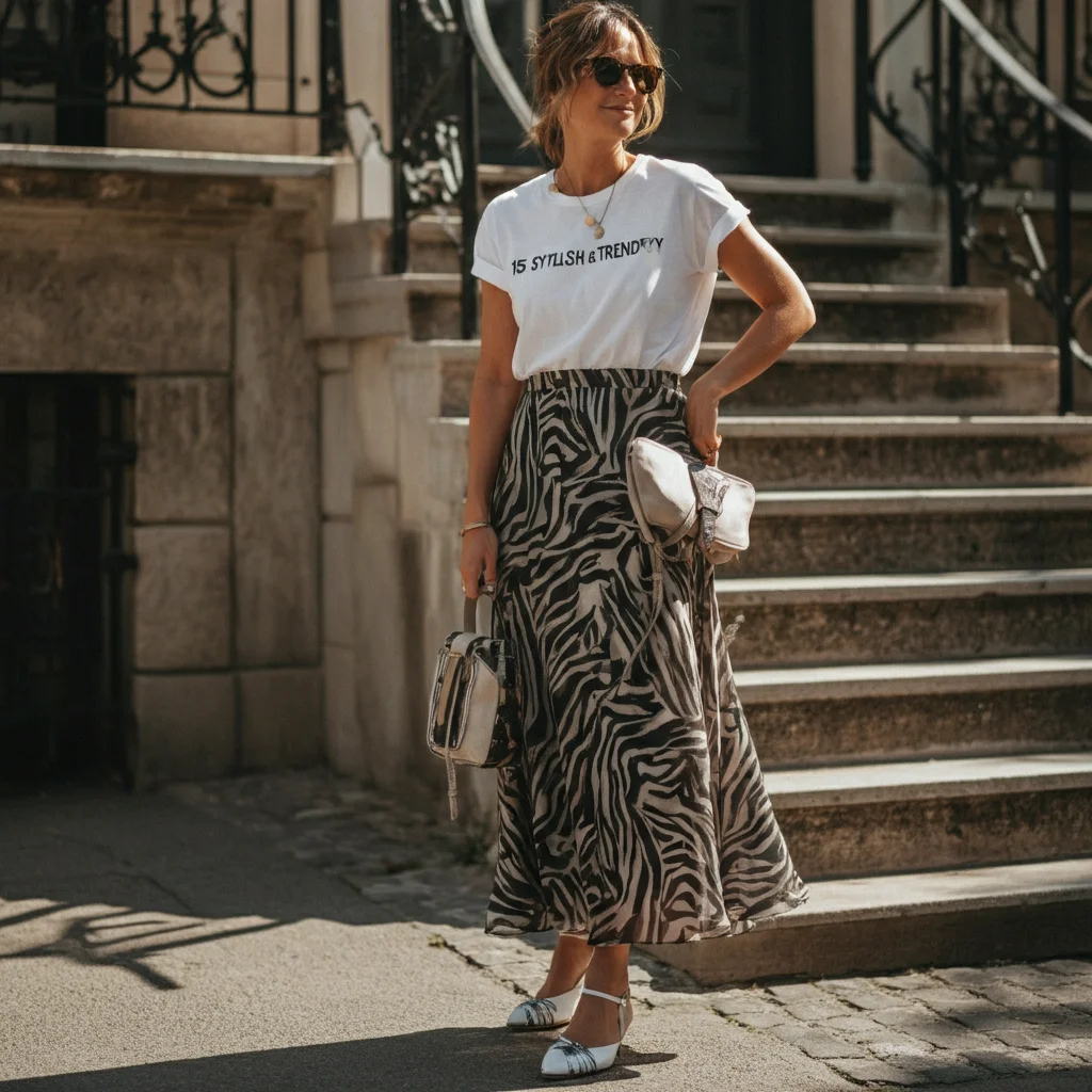 Zebra Midi Skirt with White T-Shirt