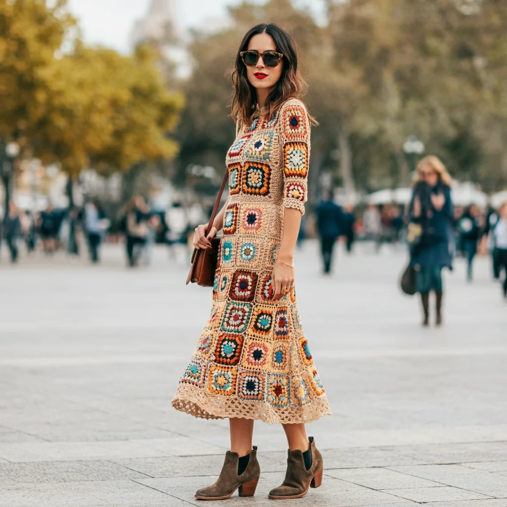 A-Line Crochet Dress and Ankle Boots