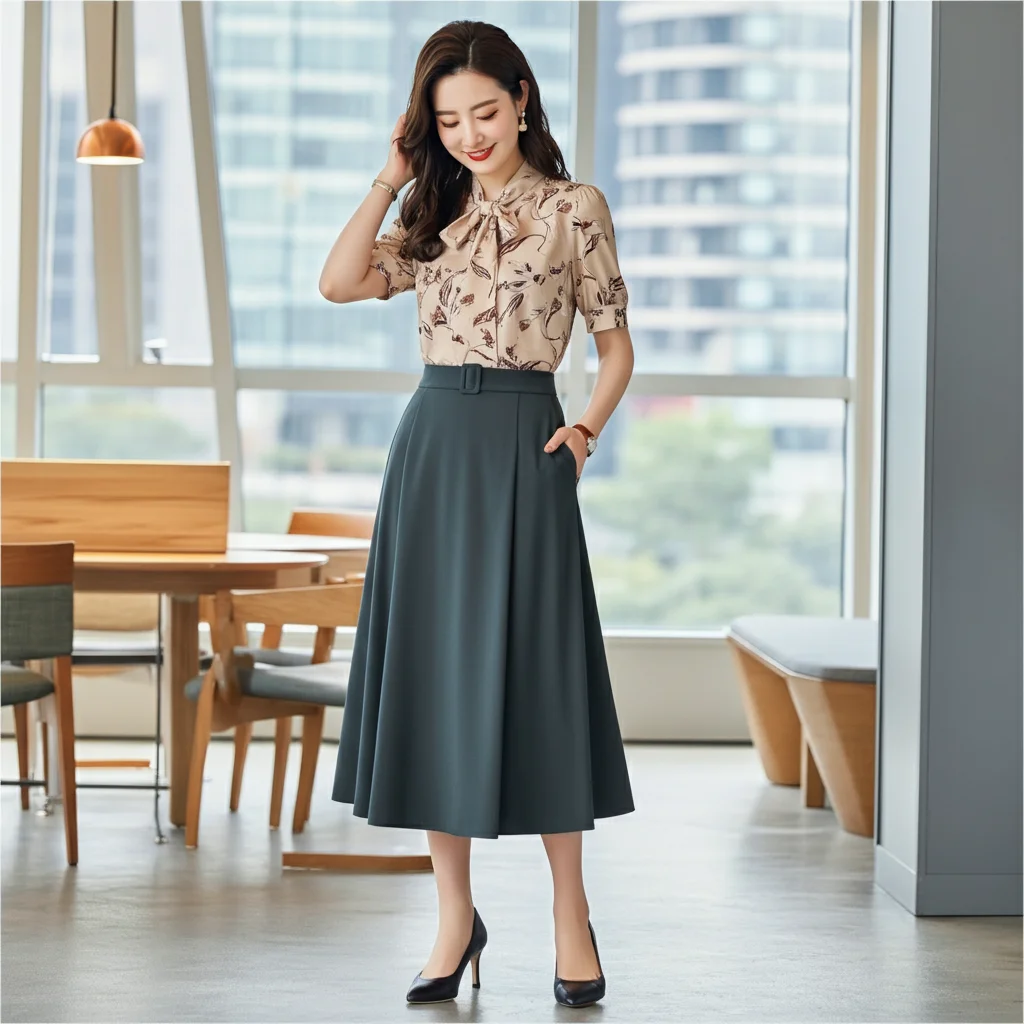 A-Line Midi Skirt with a Short-Sleeve Blouse