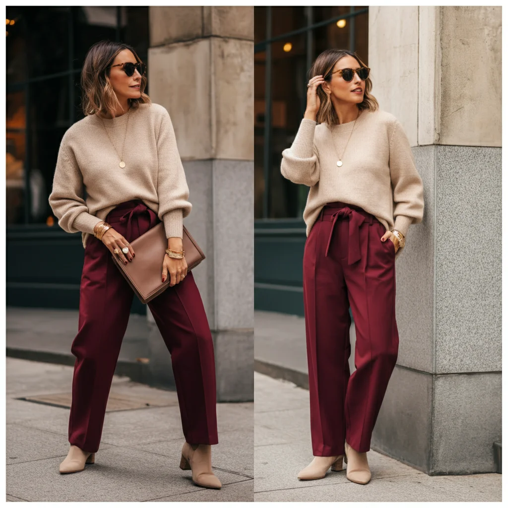 Beige Sweater and Maroon Pants
