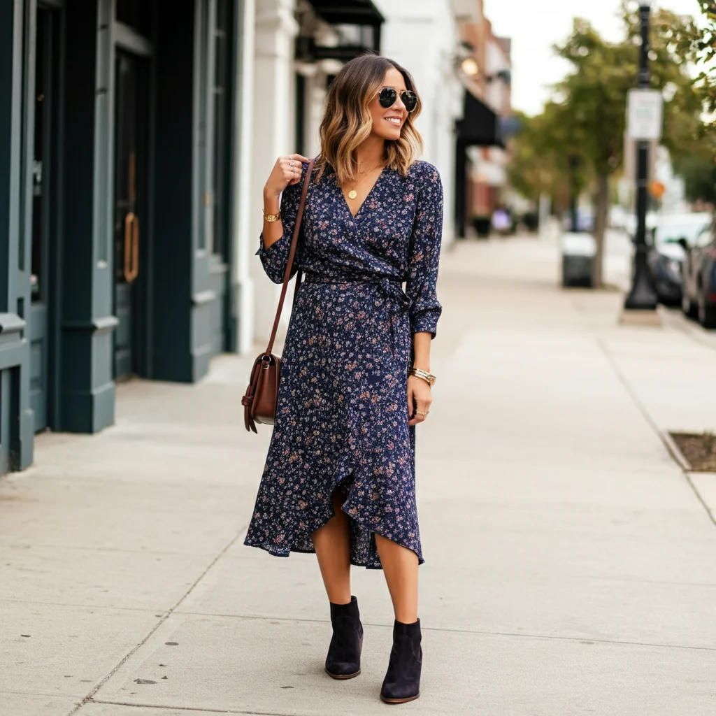 Belted Wrap Dress with Ankle Boots