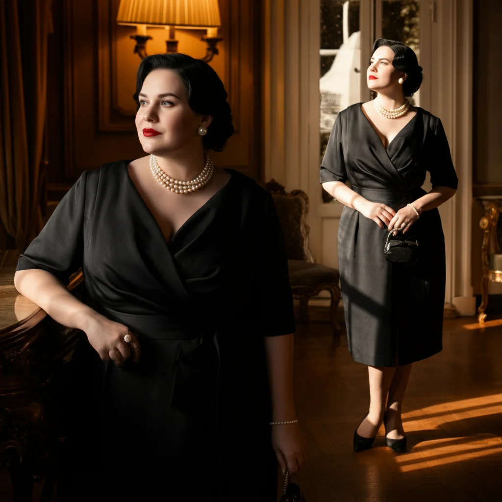 Black Dress with Pearl Necklace