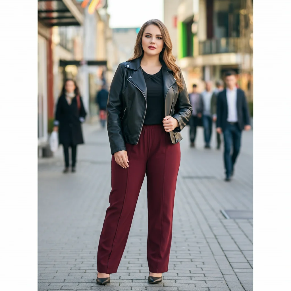 Black Leather Jacket and Maroon Pants