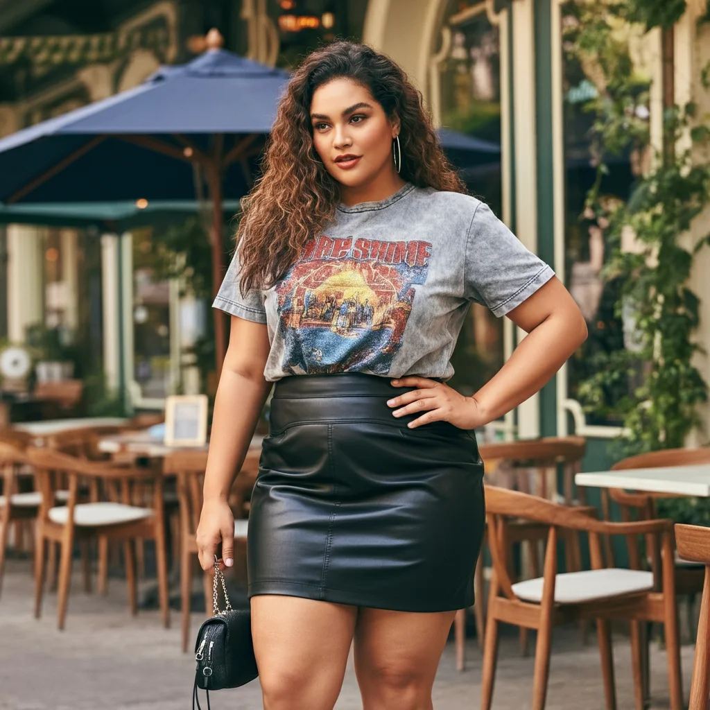 Black Leather Mini Skirt with a Graphic Tee