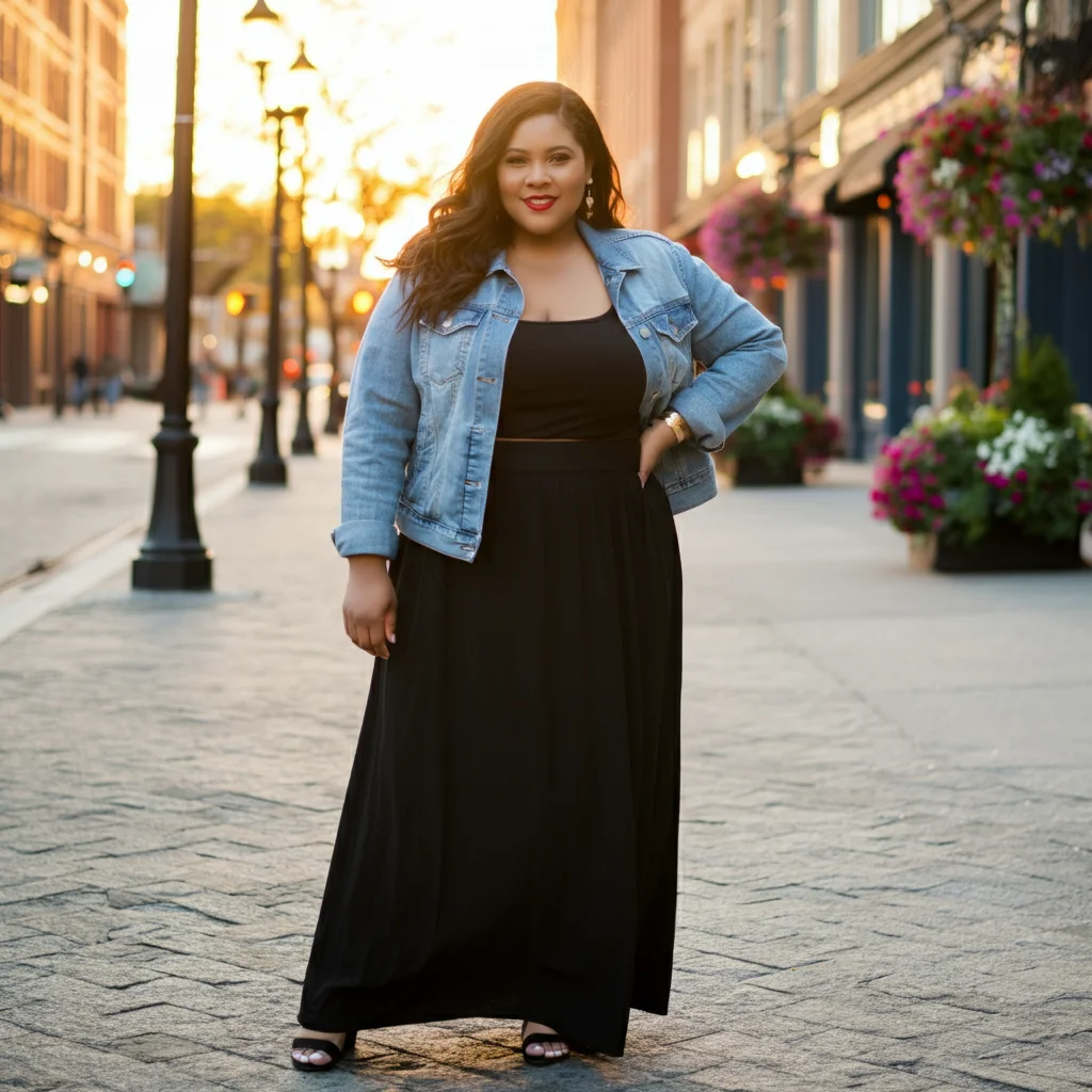 Black Maxi Skirt with a Denim Jacket