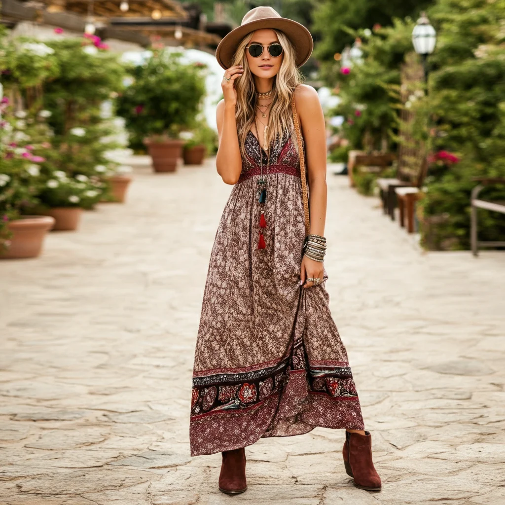 Boho Maxi Dress with Ankle Boots