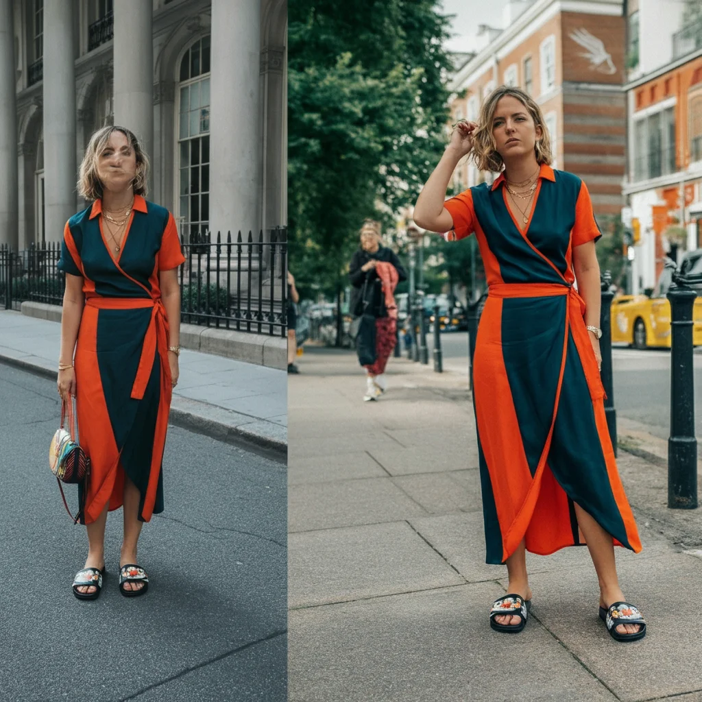 Bold Color Wrap Dress with Slides