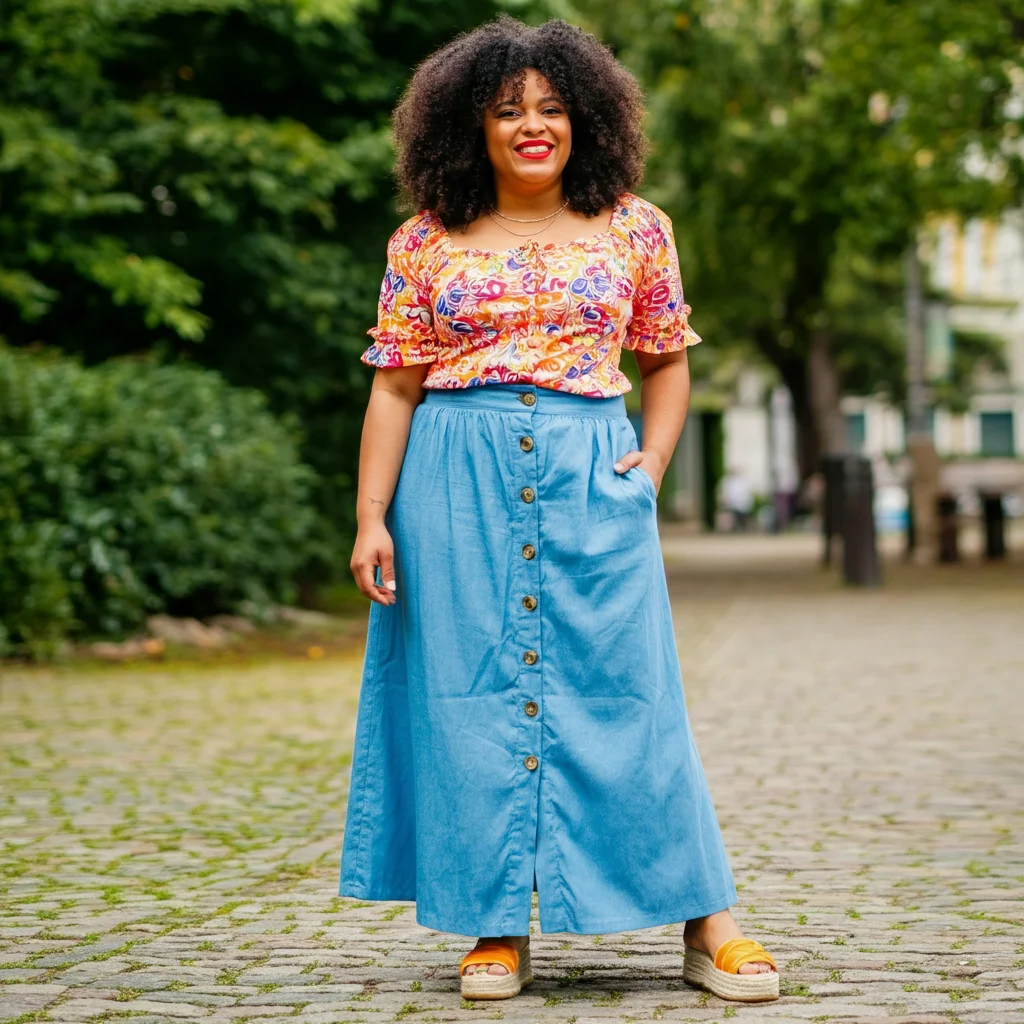 Button-Front Maxi Skirt with a Casual Blouse