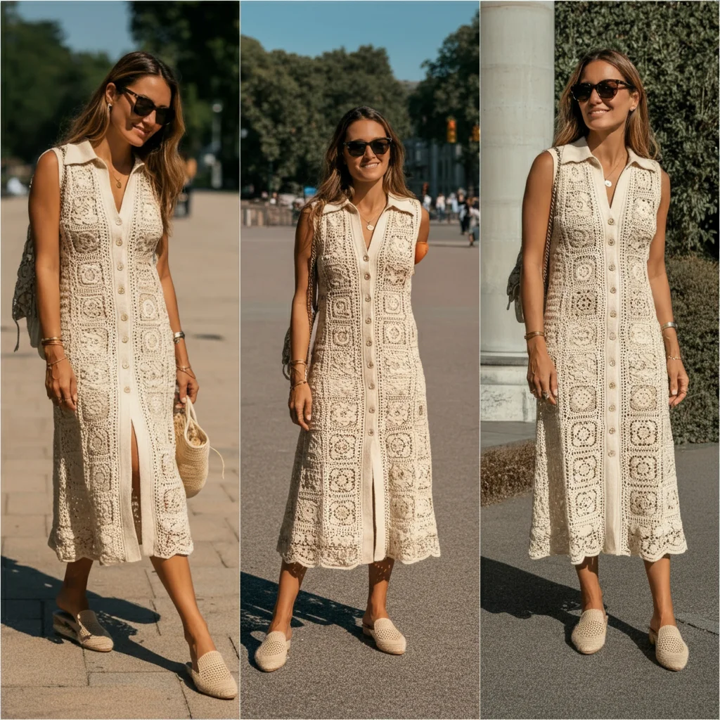 Button-Up Crochet Dress and Flat Mules
