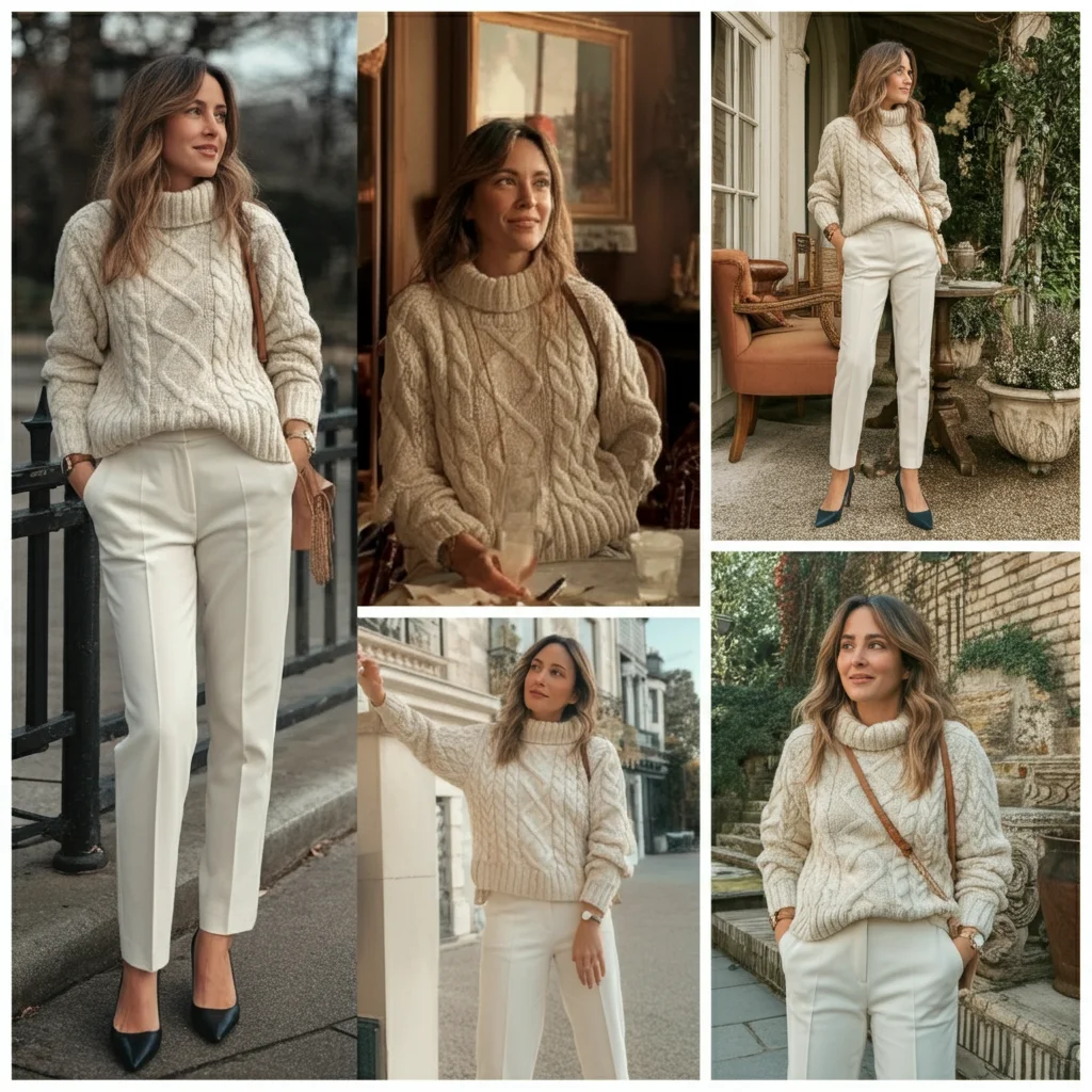 Cable-Knit Sweater with White Pants