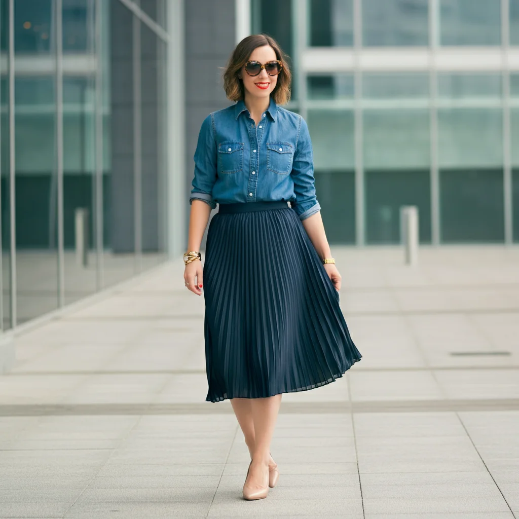 Chambray Shirt with a Pleated Skirt
