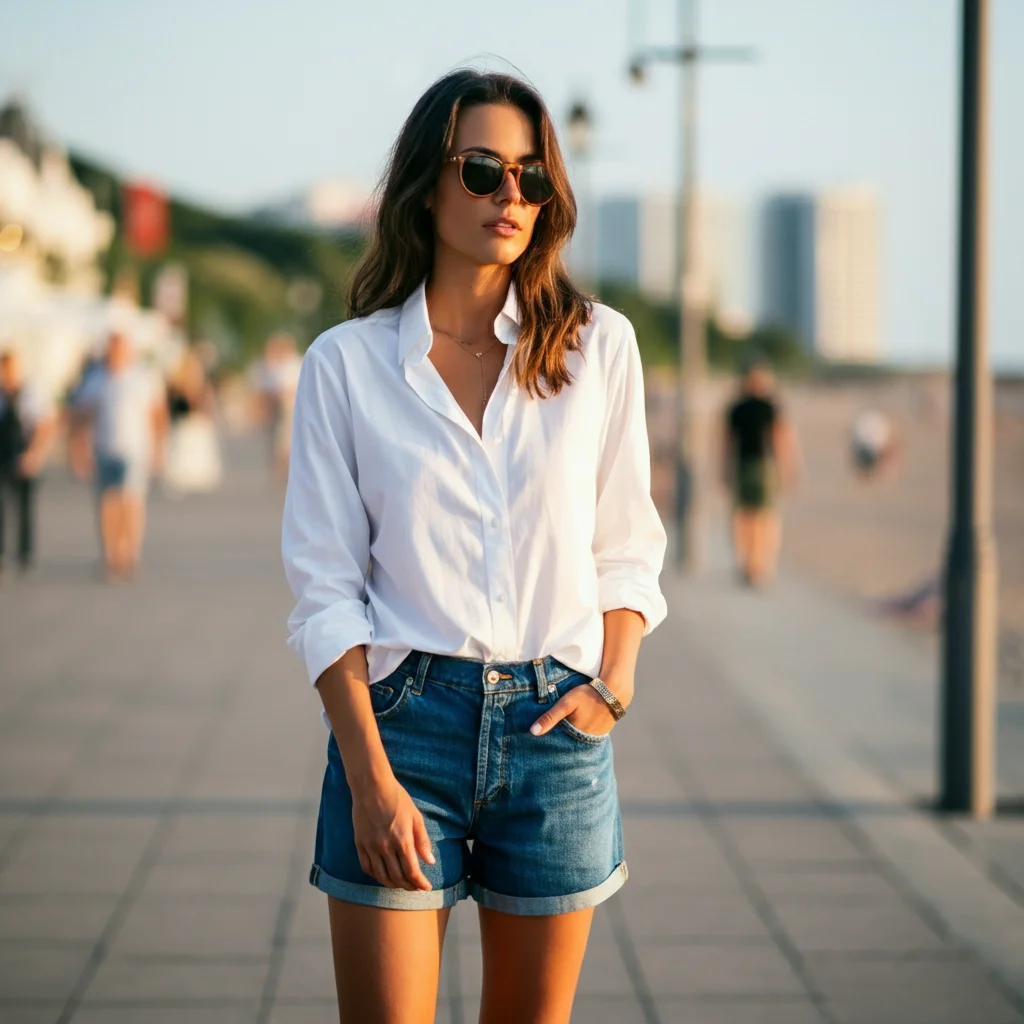 Classic White Button-Up and Denim Shorts
