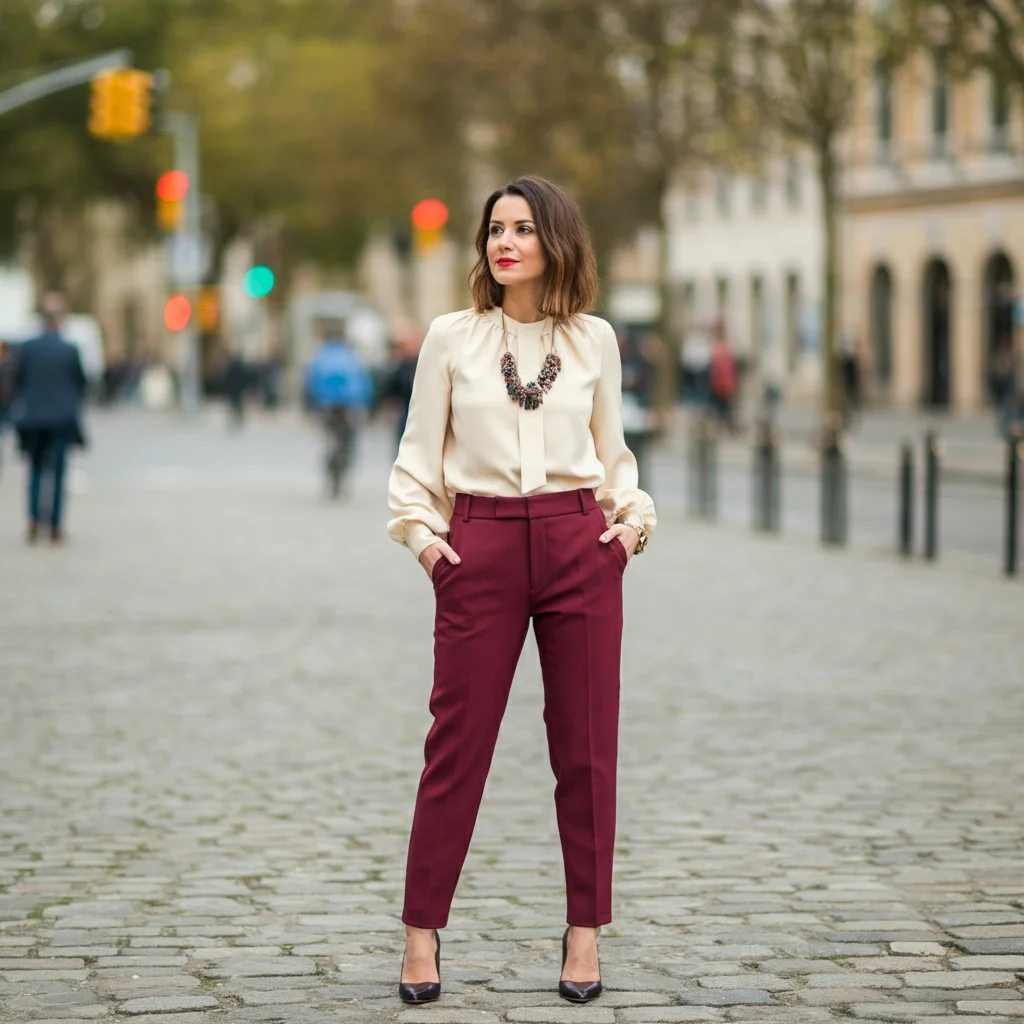 Cream Blouse and Maroon Pants