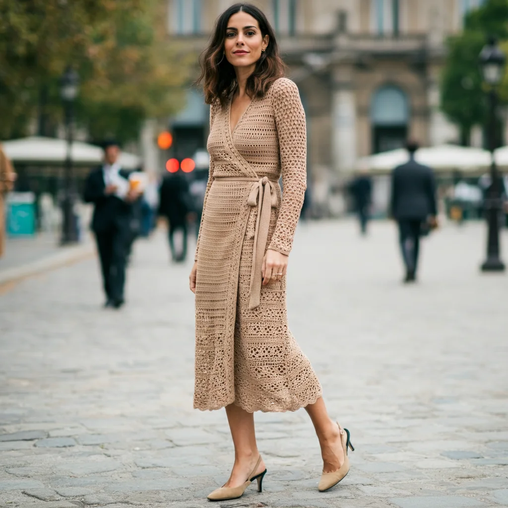 Crochet Wrap Dress with Kitten Heels