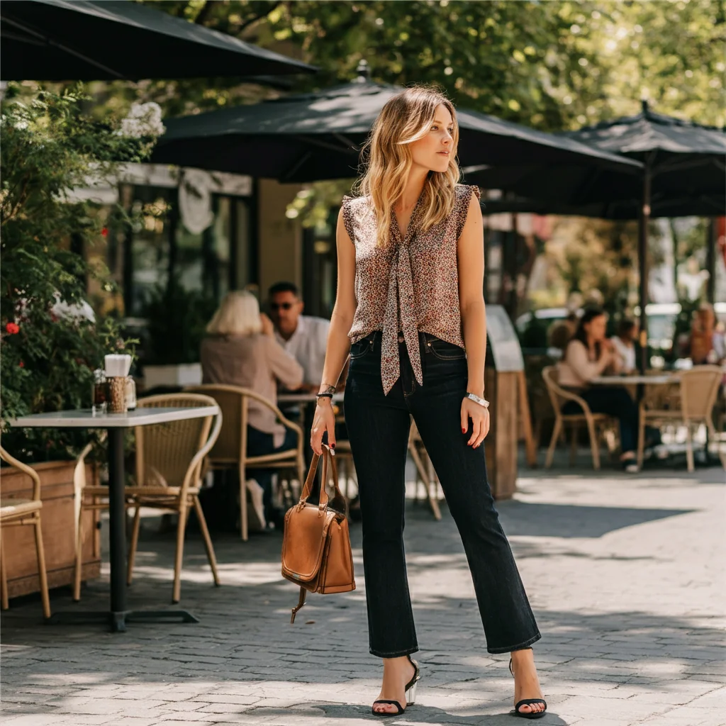 Dark Wash Jeans with a Sleeveless Blouse