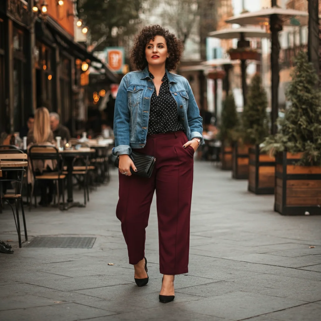 Denim Jacket and Maroon Pants