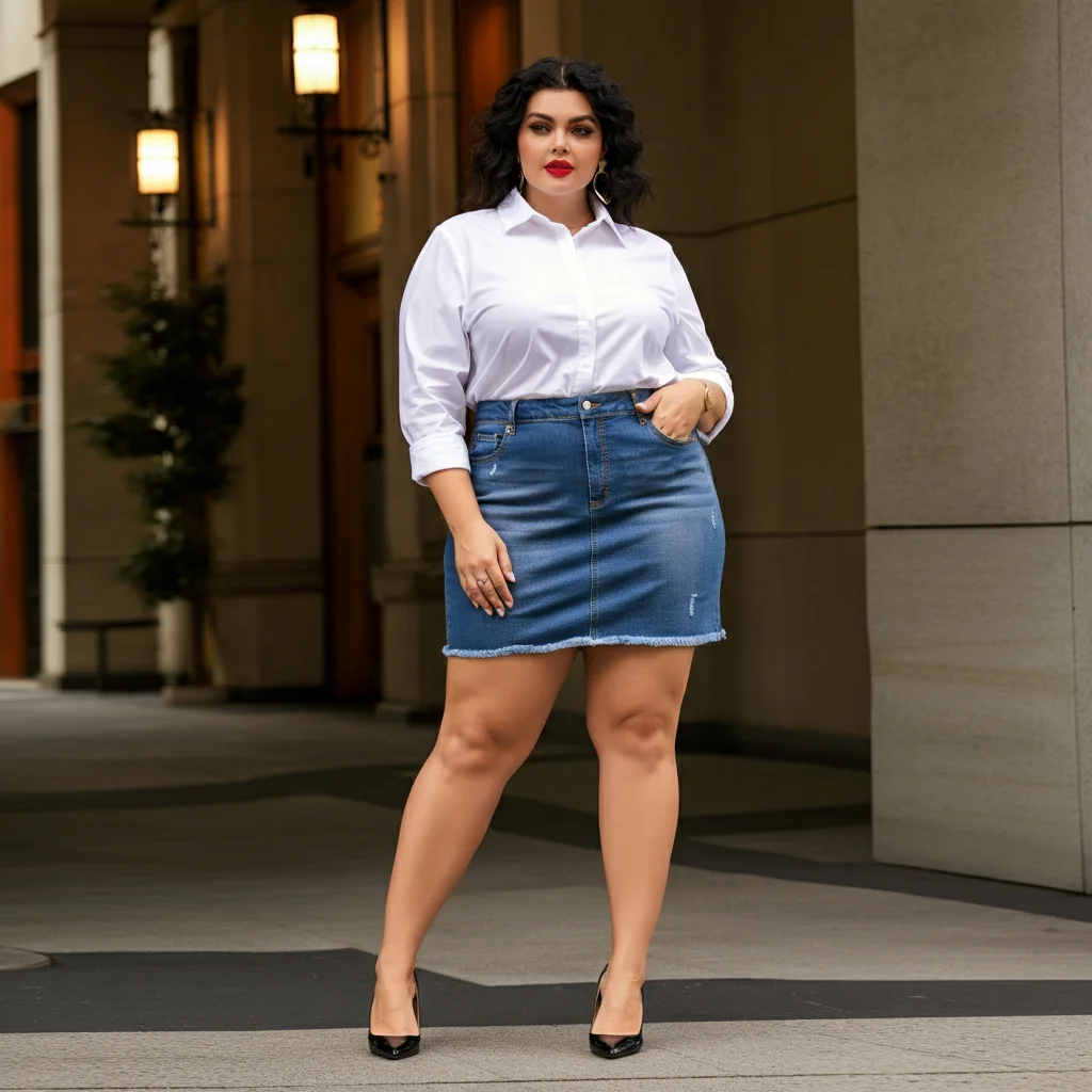 Denim Mini Skirt with White Button-Up Shirt