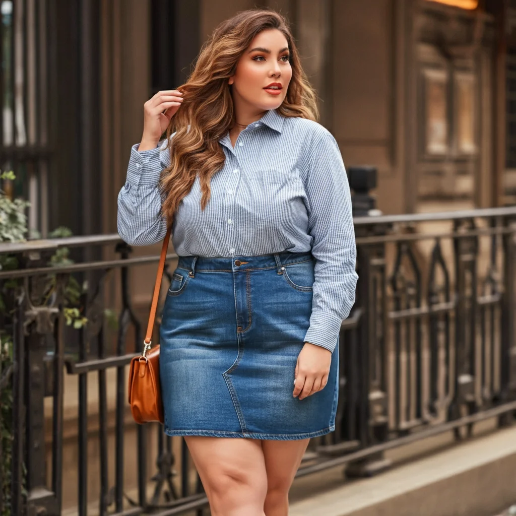 Denim Mini Skirt with a Button-Up Shirt