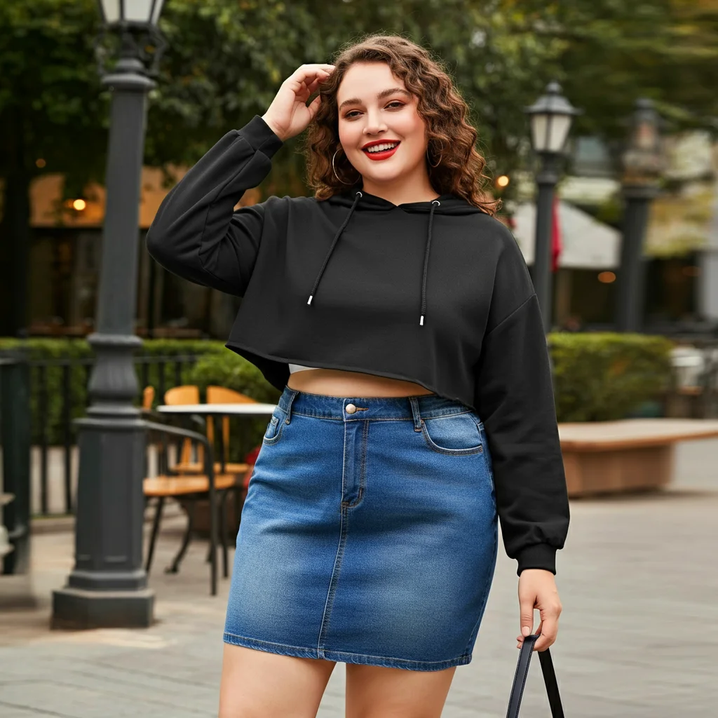 Denim Mini Skirt with a Cropped Hoodie