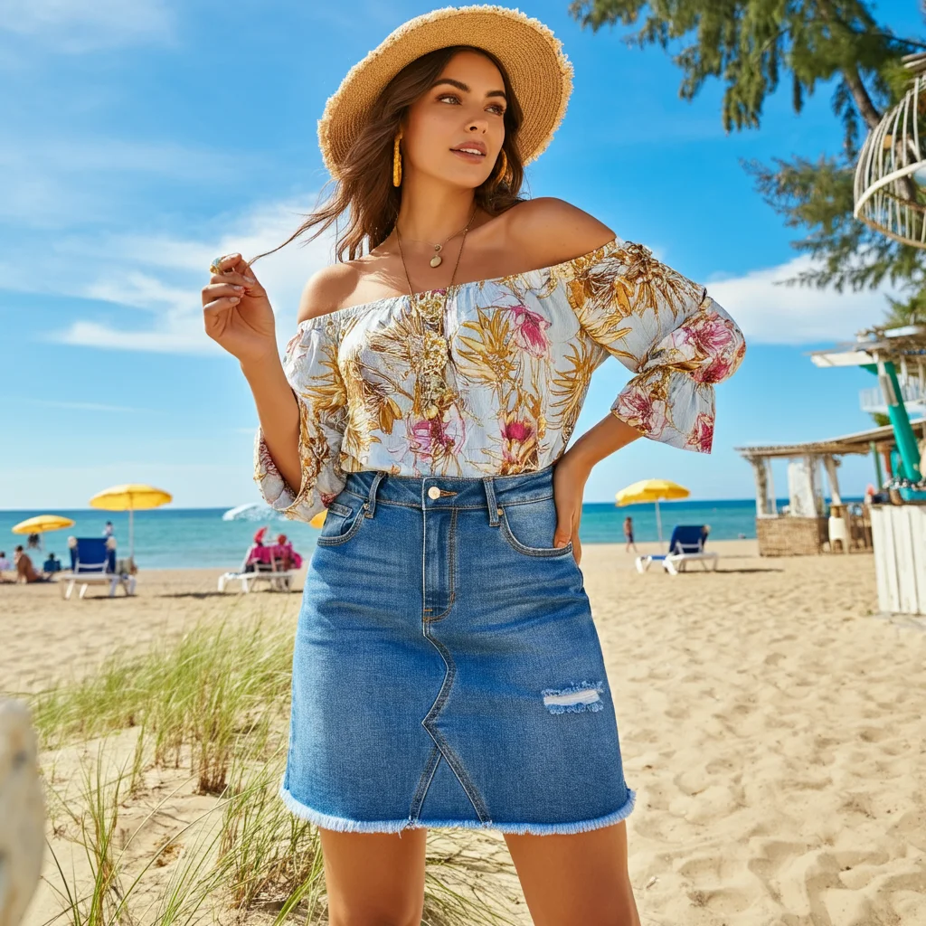 Denim Skirt with Off-Shoulder Blouse