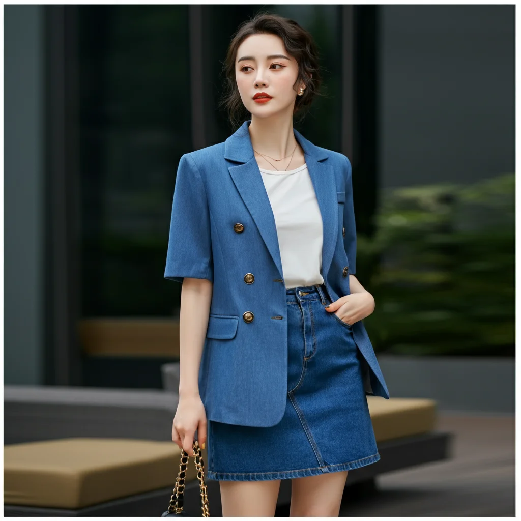 Denim Skirt with a Short-Sleeve Blazer