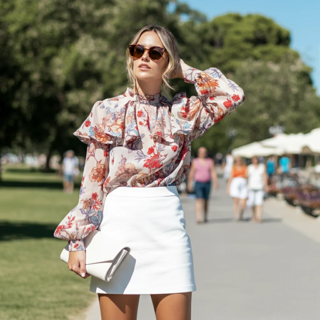 Floral Blouse and White Mini Skirt