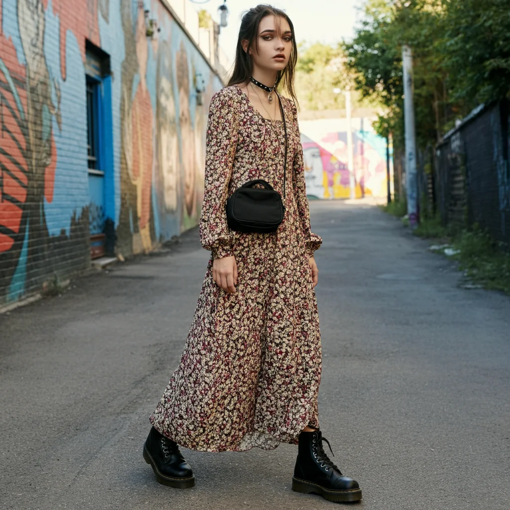 Floral Maxi Dress with Combat Boots