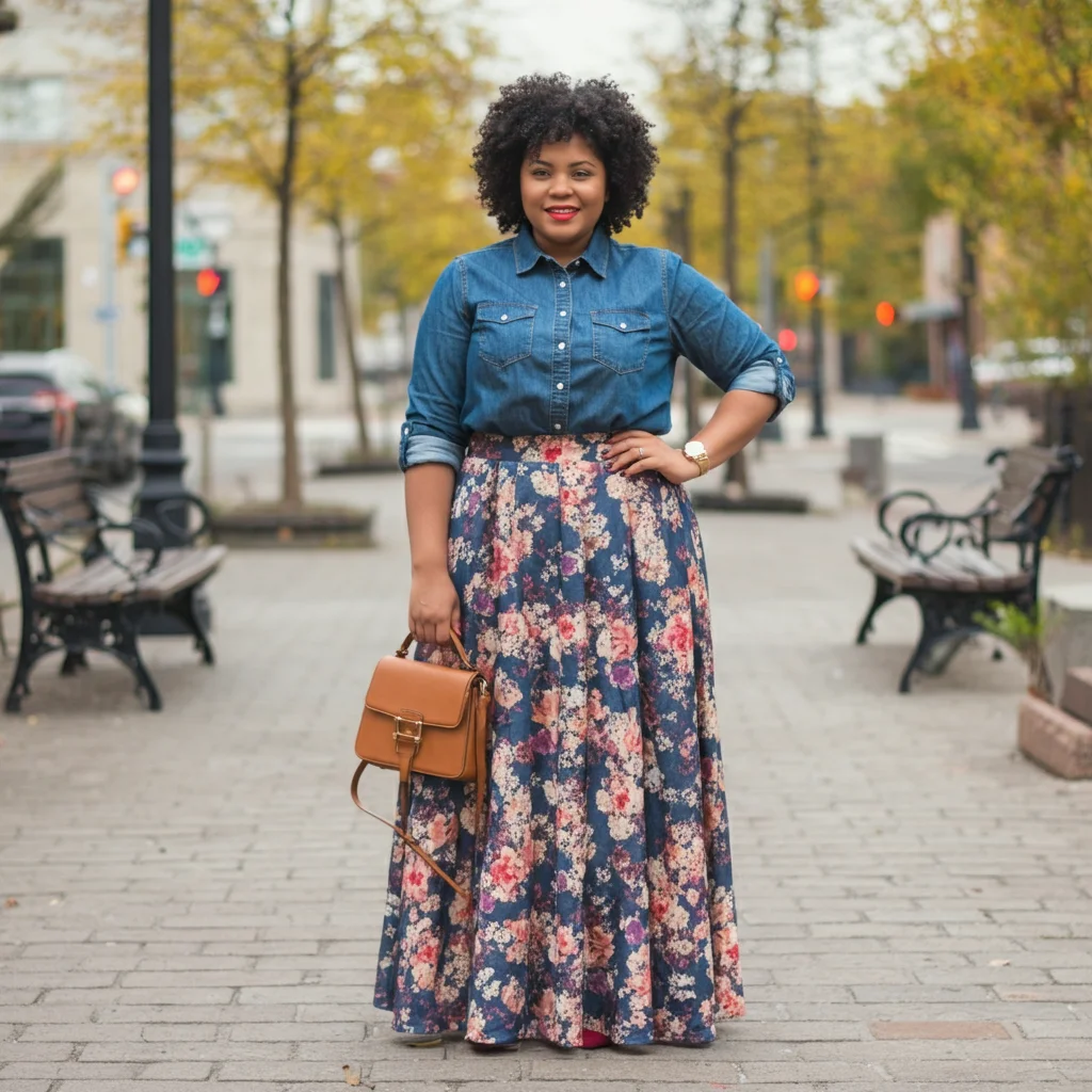 Floral Maxi Skirt with a Denim Shirt