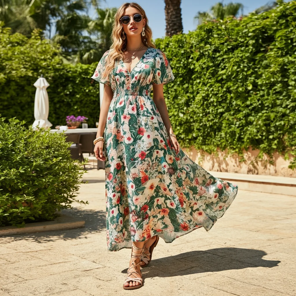 Floral Print Maxi Dress with Strappy Sandals