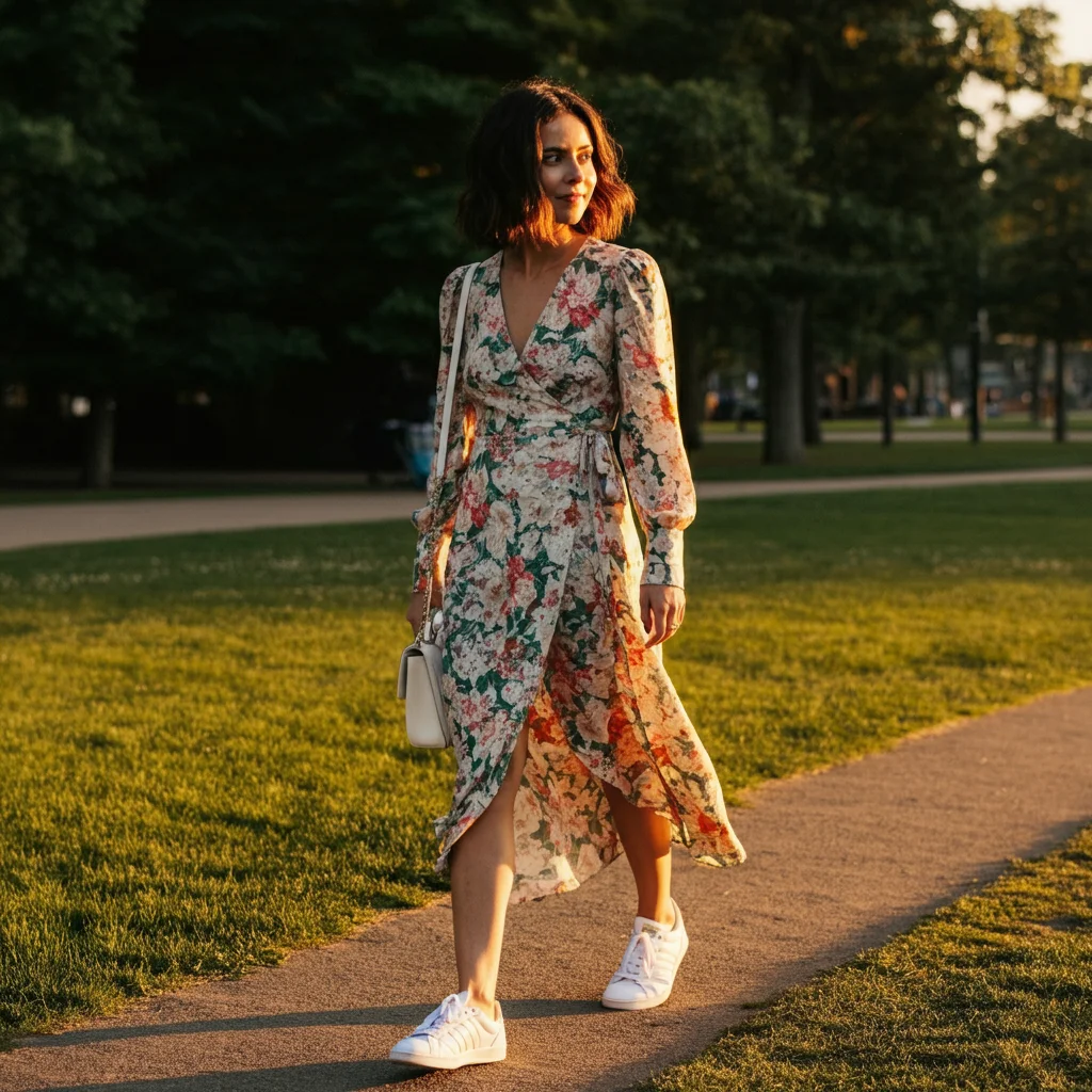 Floral Wrap Dress with White Sneakers