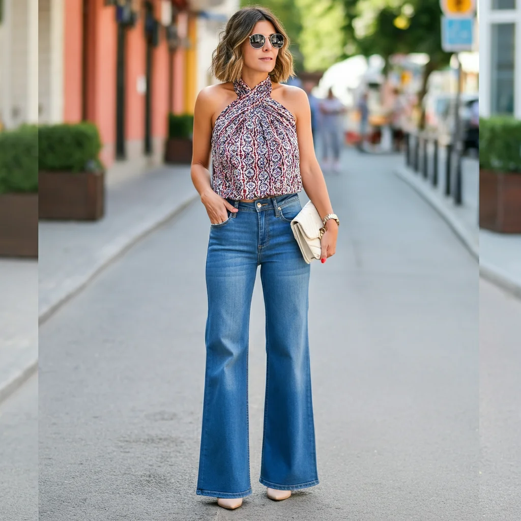 Halter Neck Top and Wide-Leg Jeans