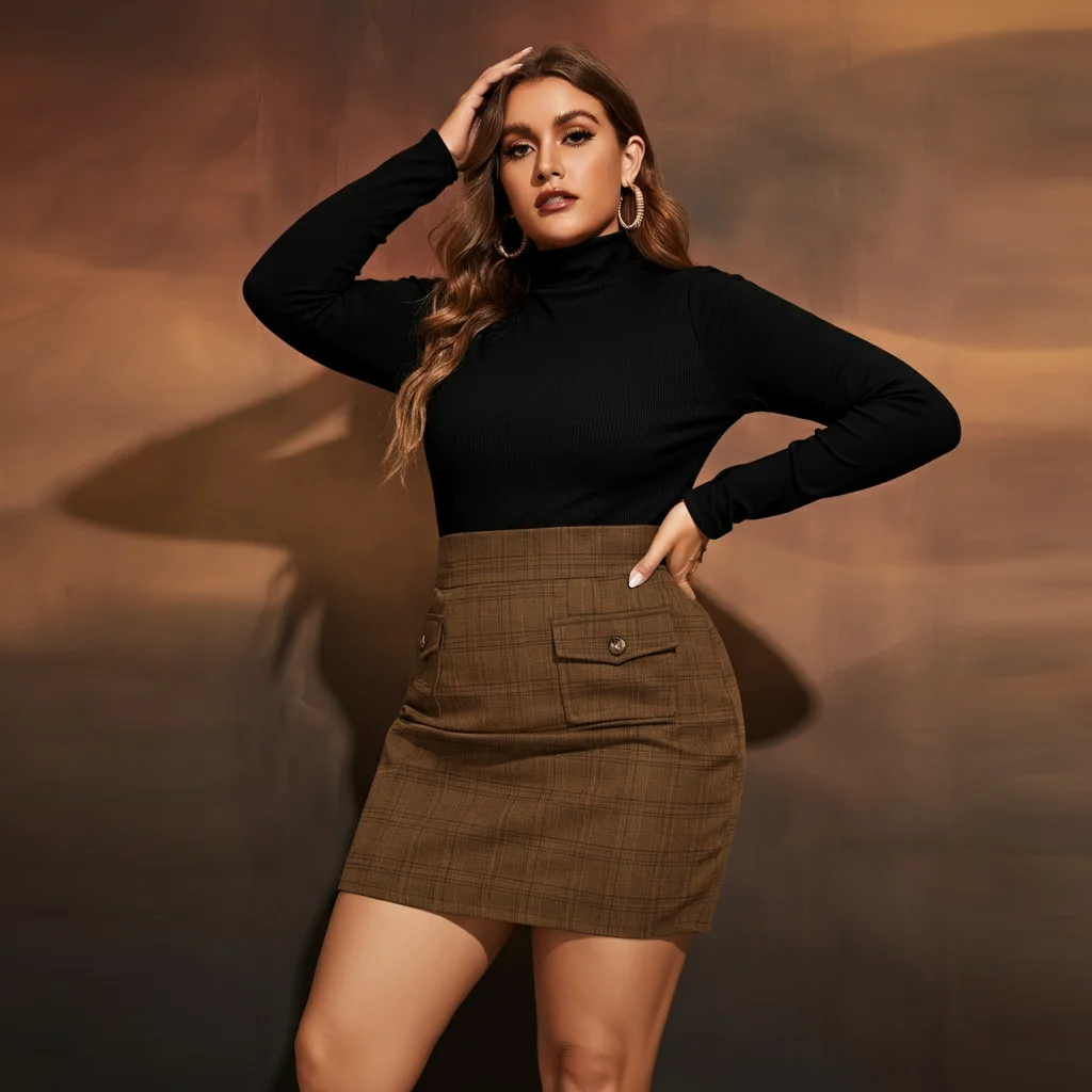 High-Waisted Mini Skirt with a Turtleneck Top
