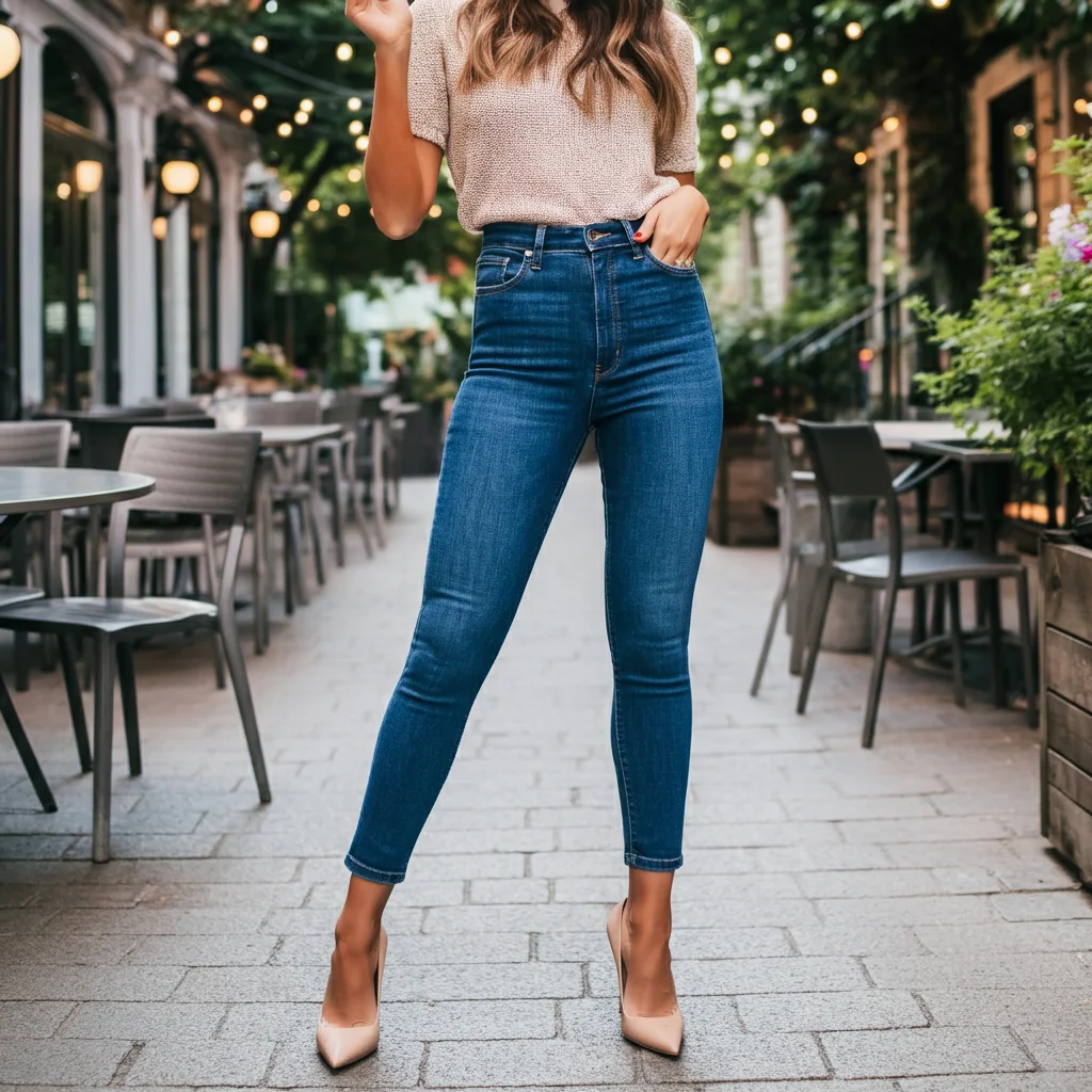 High-Waisted Skinny Jeans with Nude Stilettos