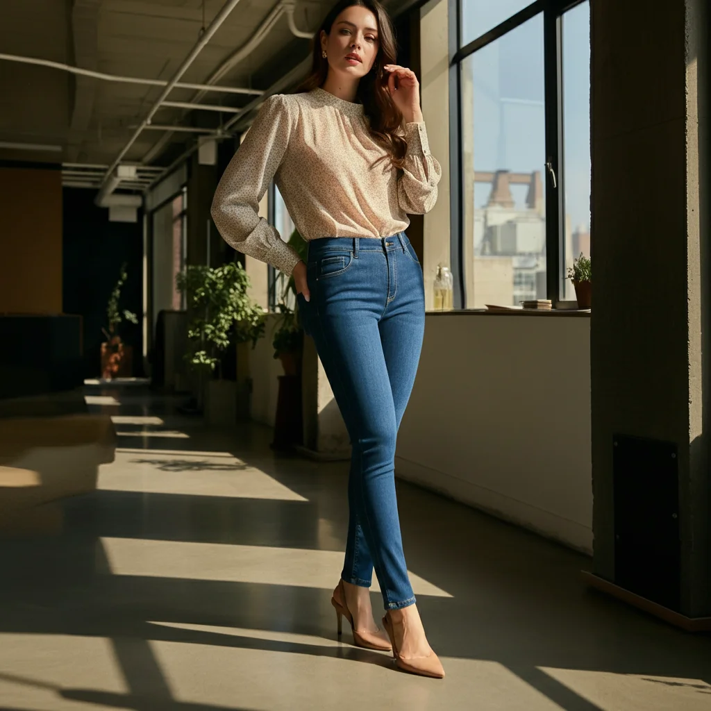 High-Waisted Skinny Jeans with a Lightweight Blouse